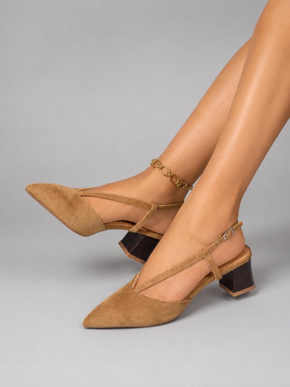 Women's Beige Suede Pointed Toe Slingback Pumps Strap Detail Block Heel - Picture 2 of 4